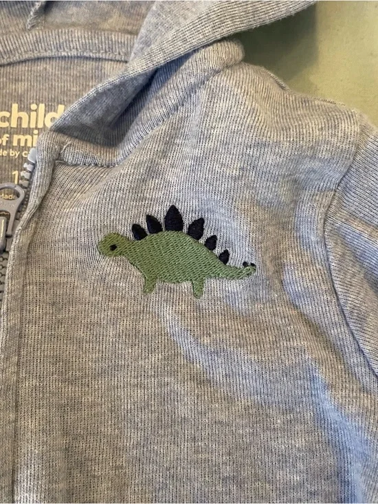 Carter's Gray Zip Jacket w/Stegosaurus Dinosaur Accents on Hood and Embroidered - Picture 2 of 4